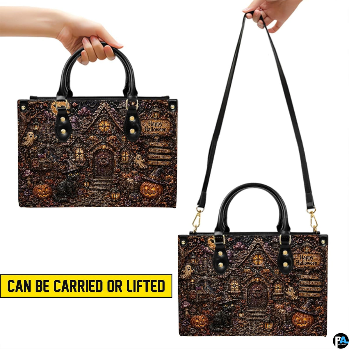 Visual demonstration showing handheld and over-the-shoulder styling options for the accessory.