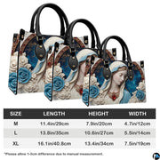 Size specification chart showing M, L, and XL handbag measurements and handle dimensions.