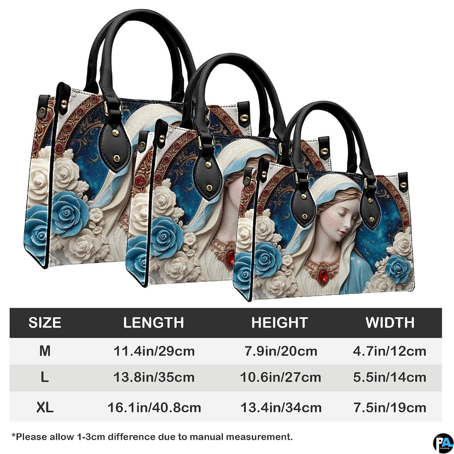Size specification chart showing M, L, and XL handbag measurements and handle dimensions.