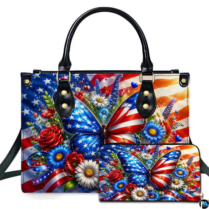 Patriotic butterfly floral bouquet handbag and wallet set