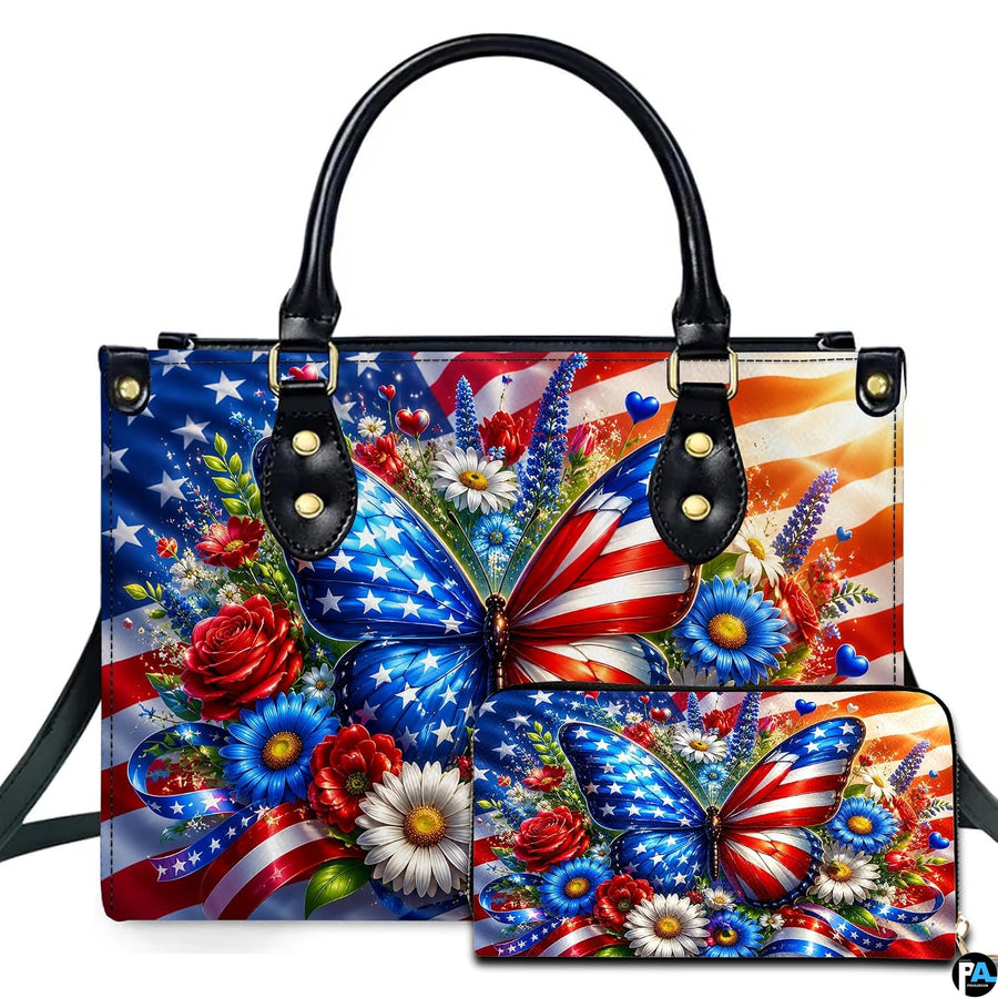 Patriotic butterfly floral bouquet handbag and wallet set