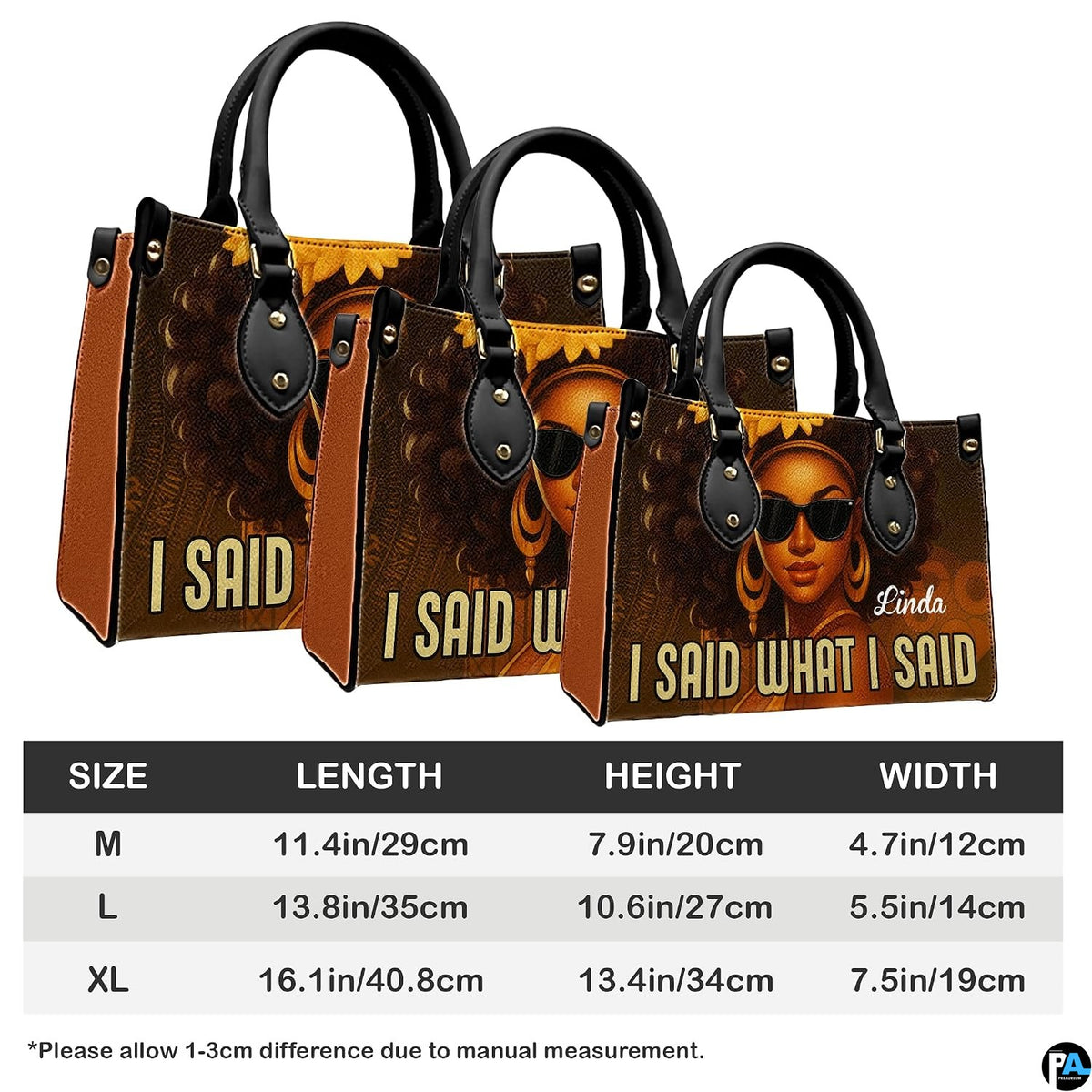 Dimension and size comparison overview showcasing three scaled sizes of the statement handbag.