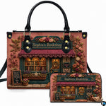 Vintage storefront facade framed by pink roses and burgundy awning on matching handbag and wallet set.
