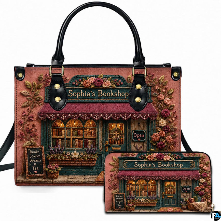 Vintage storefront facade framed by pink roses and burgundy awning on matching handbag and wallet set.