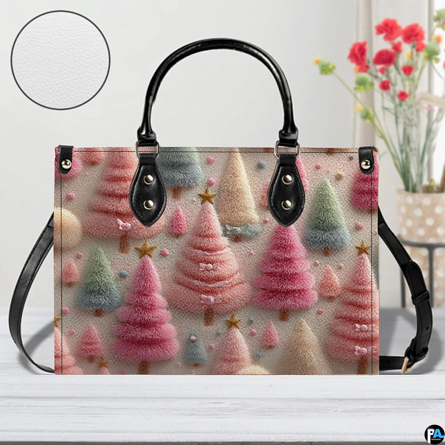 Close view highlighting textured pastel holiday trees and miniature gold star toppers