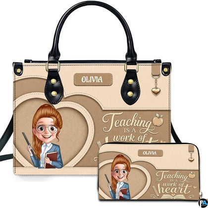 School teacher art accessory alongside companion piece featuring illustrated smiling educator and scholastic drawings.