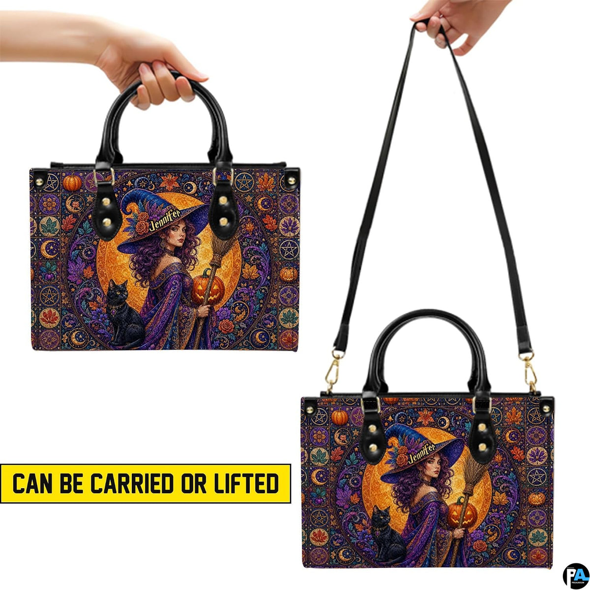 Demonstration infographic illustrating dual holding configurations for the gothic witch artwork.