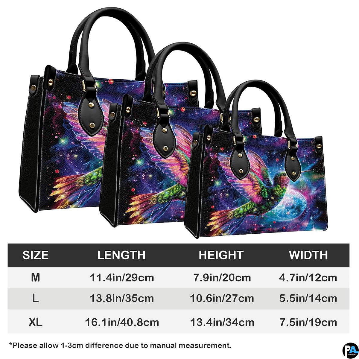 Three sizes of handbag shown in graduated display with length, height, and width dimension chart.