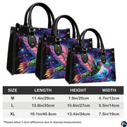 Three sizes of handbag shown in graduated display with length, height, and width dimension chart.