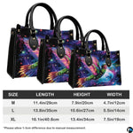 Three sizes of handbag shown in graduated display with length, height, and width dimension chart.