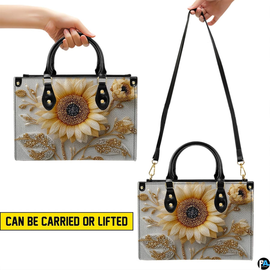 Interior compartment view of sunflower handbag showing inner lining and organization.