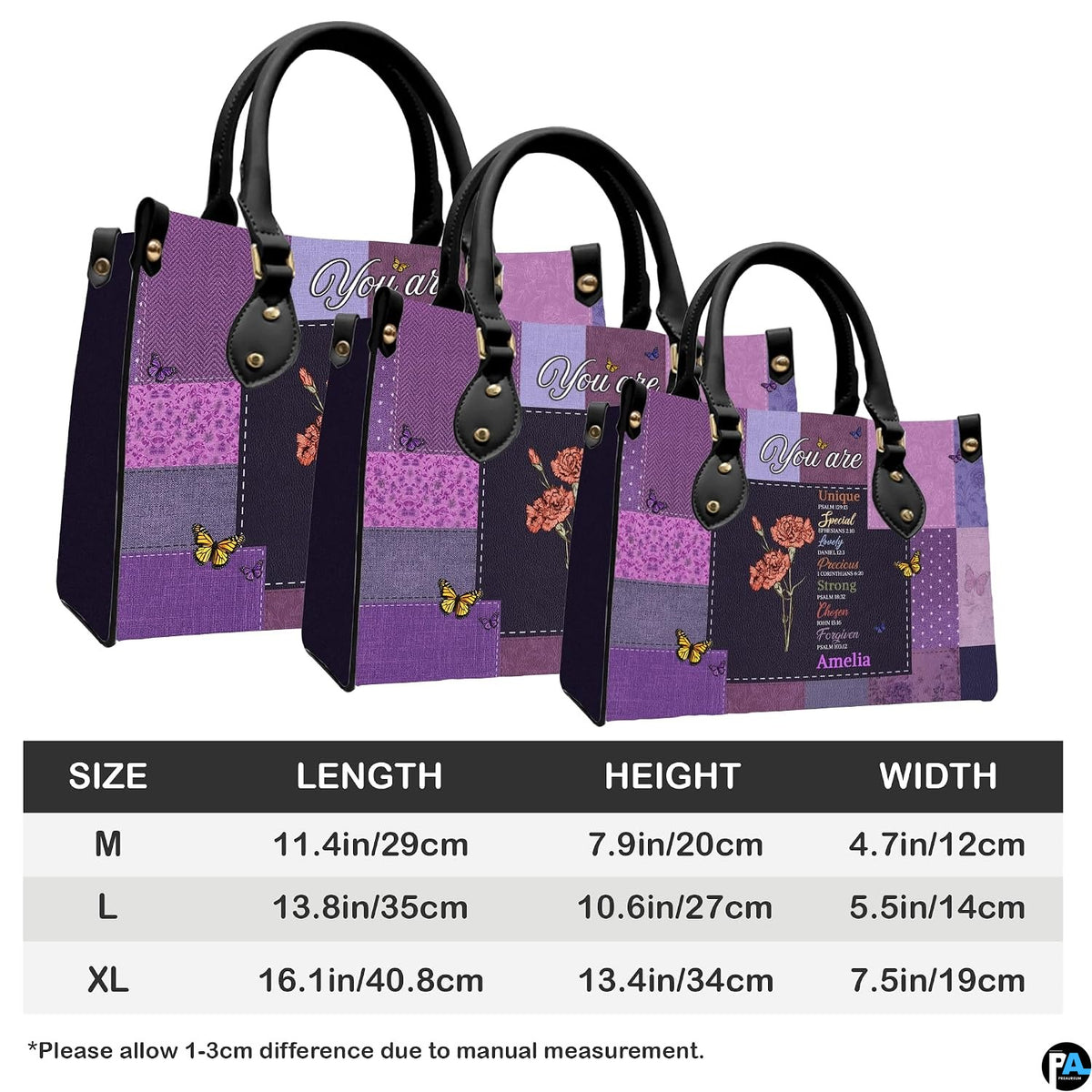 Full set showcase of purple patchwork carnation floral handbag and matching zippered wallet.