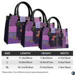Full set showcase of purple patchwork carnation floral handbag and matching zippered wallet.