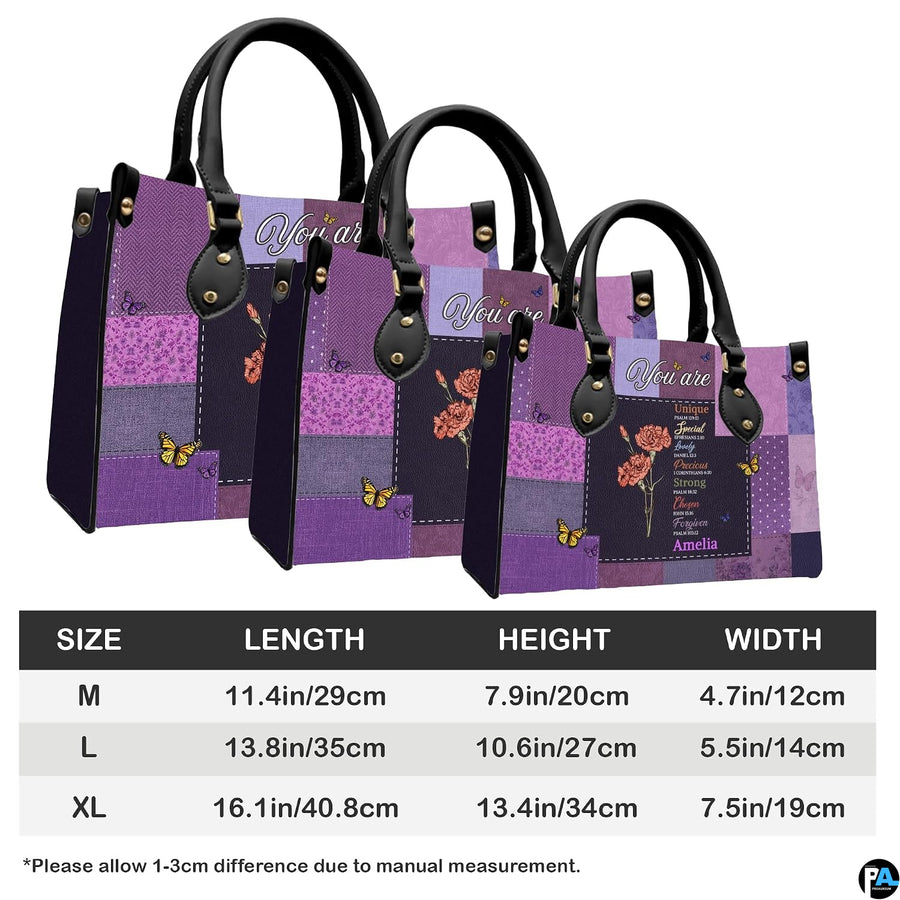 Full set showcase of purple patchwork carnation floral handbag and matching zippered wallet.