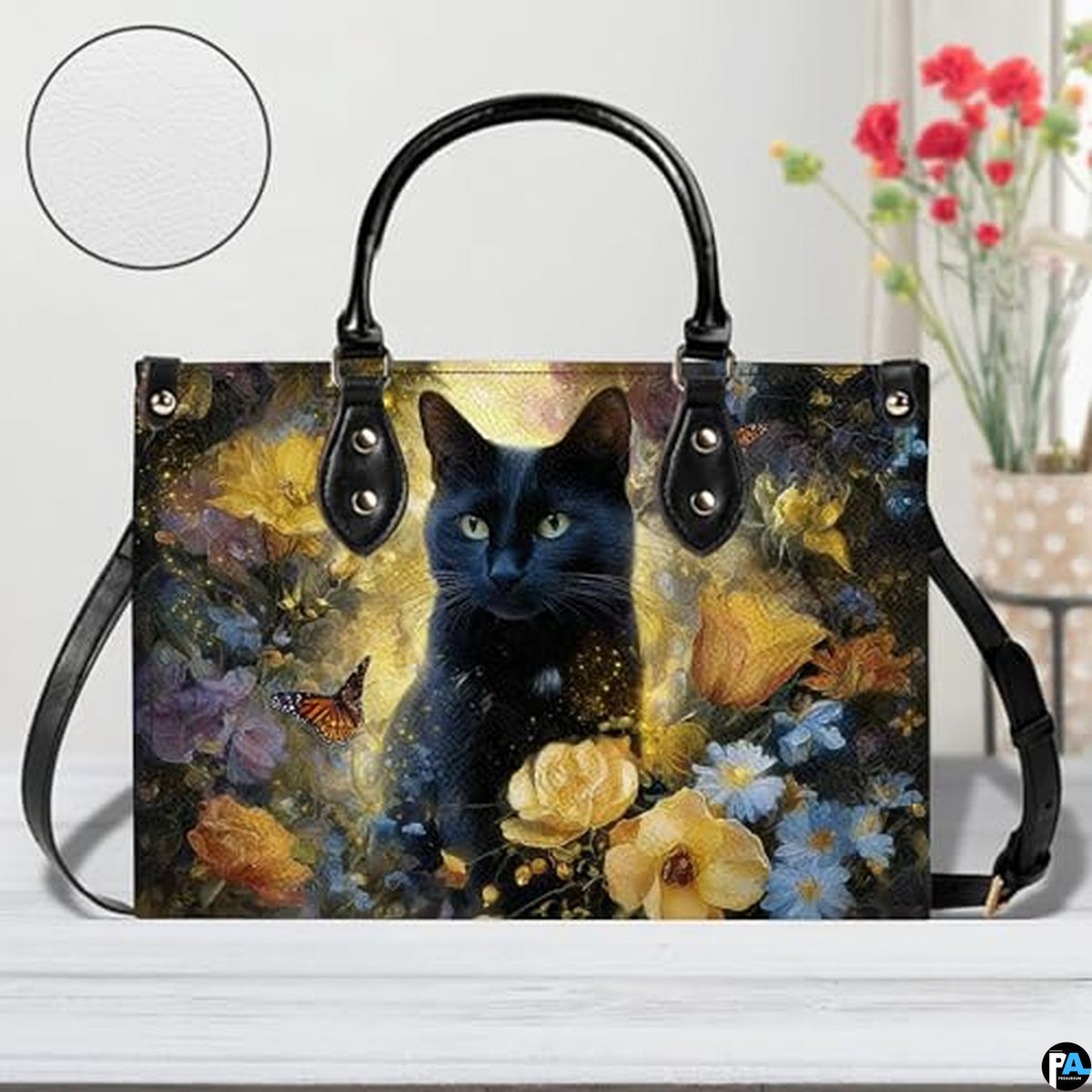 Black Cat Leather Bag – Vintage Cat Art Handbag, Stylish Animal-Themed Purse, Unique Gift for Cat Lovers