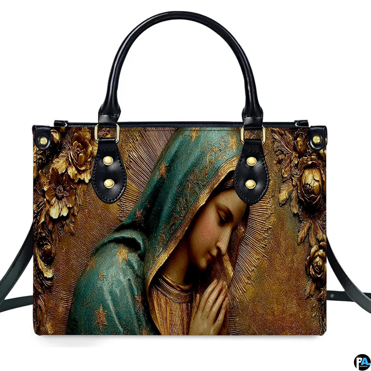 Close-up view of intricate golden bas-relief floral carving and star-adorned turquoise veil