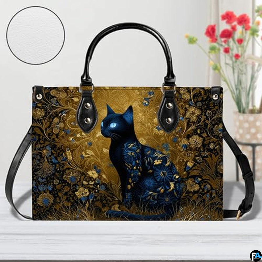 Black Cat Leather Bag – Vintage Cat Art Handbag, Stylish Animal-Themed Purse, Unique Gift for Cat Lovers