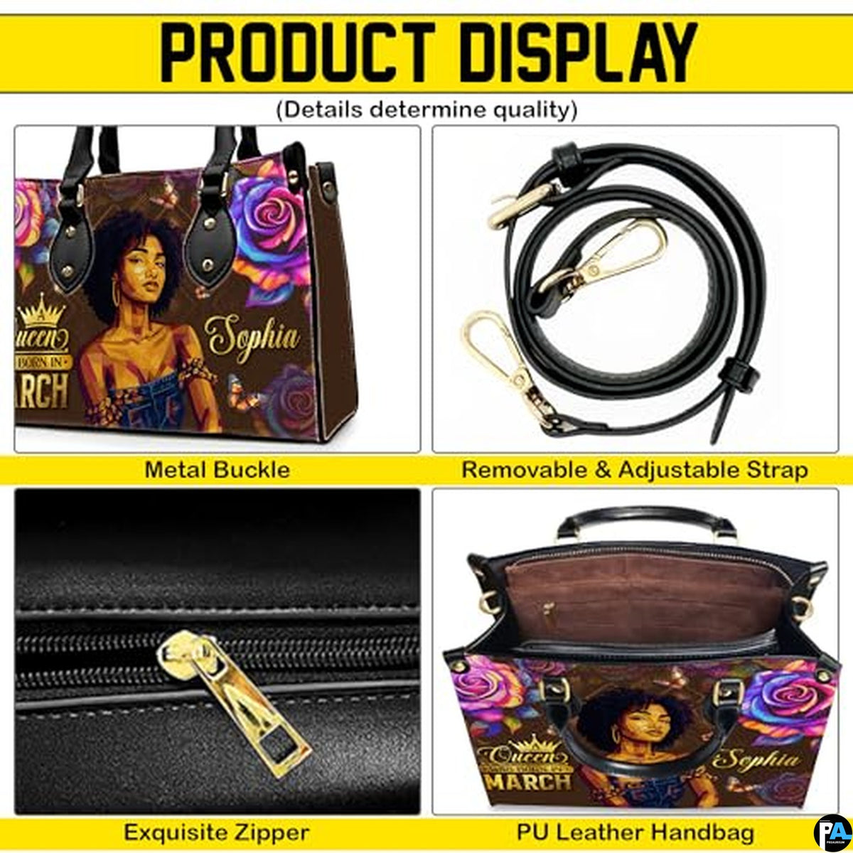 Personalized Black Women Leather Bag, Custom Name African Purses and Handbags Gifts for Mom Birthday Christmas Mothers Day