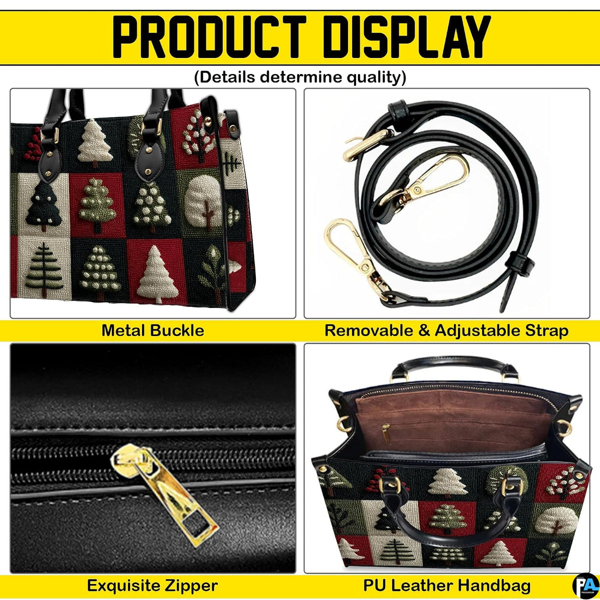 Four quadrant visual layout highlighting exterior surfaces and interior of the tree patchwork item