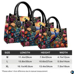 Three size presentations of a peacock mountain landscape handbag
