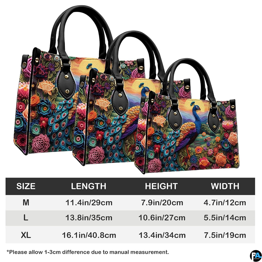Three size presentations of a peacock mountain landscape handbag