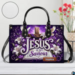 Tabletop perspective of the purple devotional cross handbag with circular material texture swatch inset.