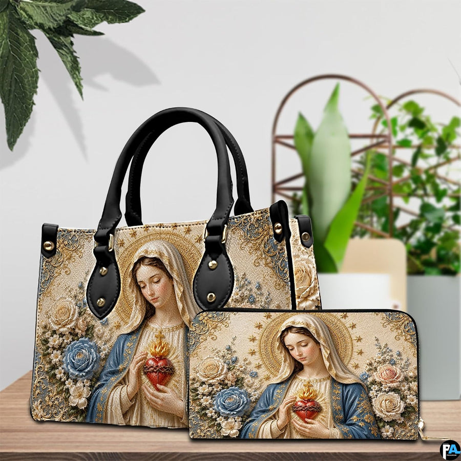 Matching Immaculate Heart handbag and wallet set in botanical lifestyle display