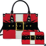 Holiday handbag and matching wallet featuring Santa Claus red coat, white trim stripe, and black belt buckle.