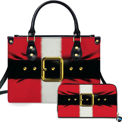 Holiday handbag and matching wallet featuring Santa Claus red coat, white trim stripe, and black belt buckle.