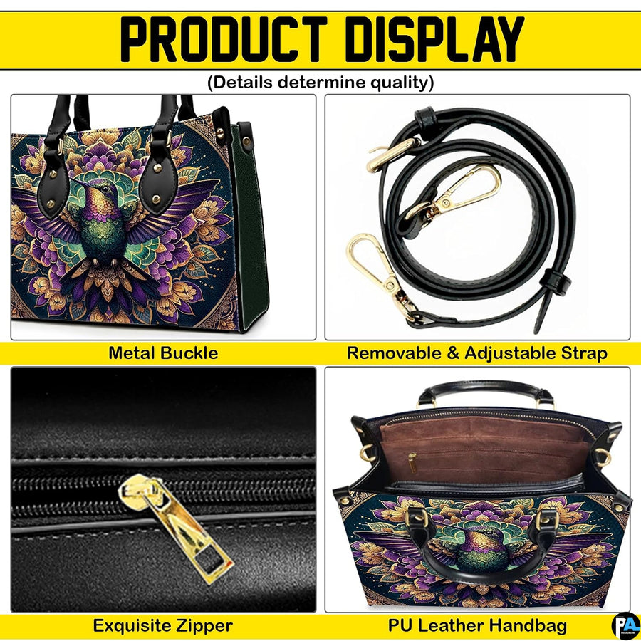 Handbag displayed in two carrying styles held by top handle and shoulder strap on white background.