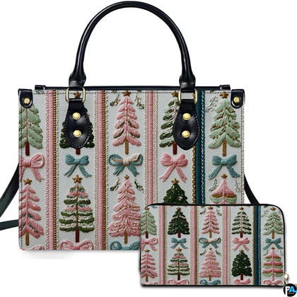 Front studio presentation showcasing vertical columns of pastel holiday pine trees and bows on white.