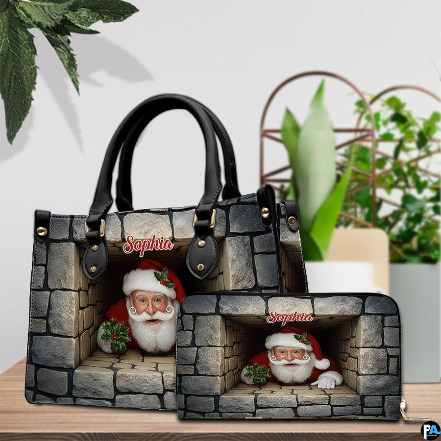 Coordinated accessory pair displayed on a wooden tabletop beside indoor botanical greenery.