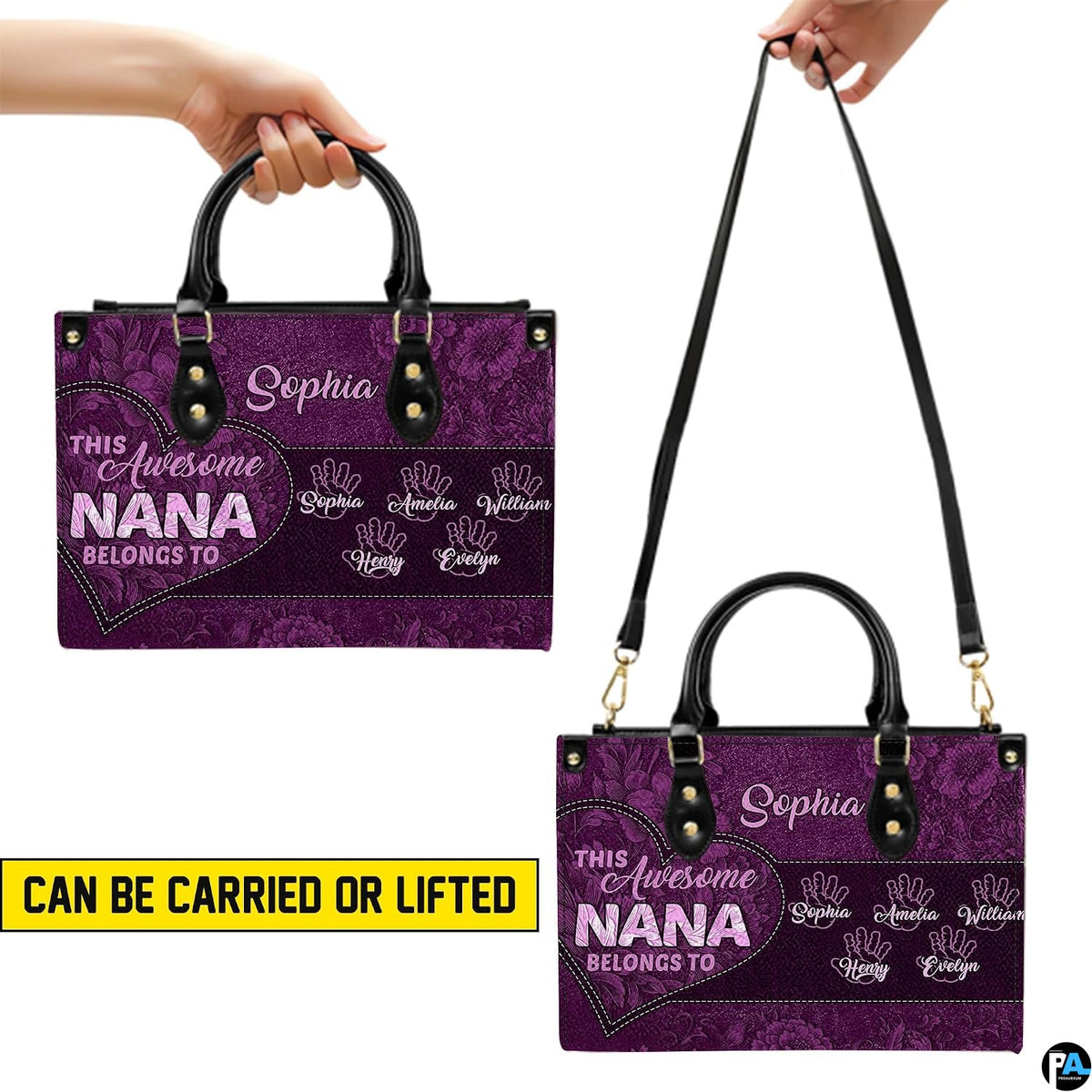 Perspective angle view of purple handbag highlighting side depth and continuous floral artwork.