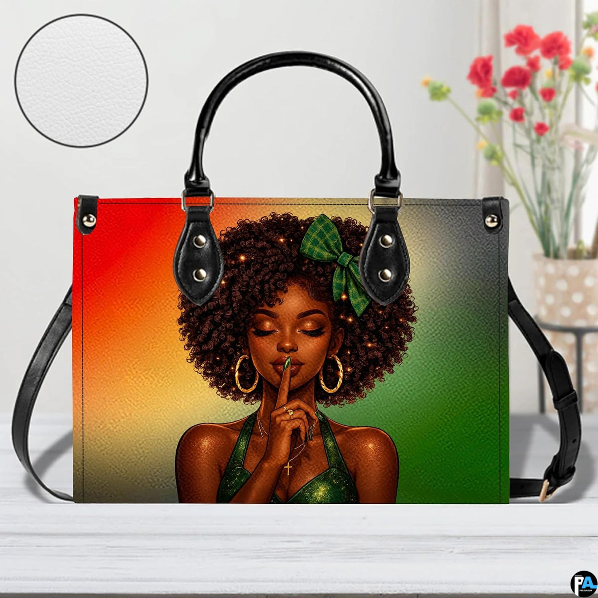 Front view of afro girl handbag with finger-to-lips portrait and long strap