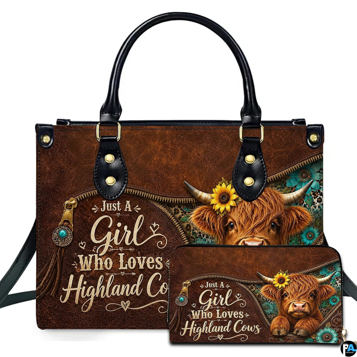 Front studio view of Western calf illustration with sunflower, turquoise mandala, and cheetah graphics.
