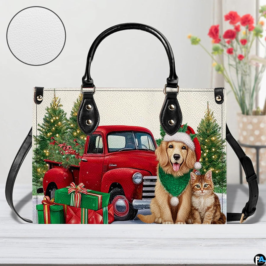 Macro close-up highlighting fine artistic details in the golden retriever, kitten, and red truck.