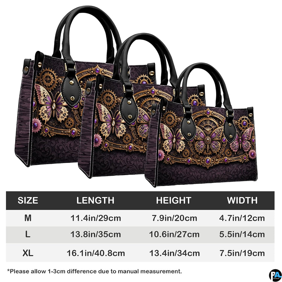 Side profile of clockwork butterfly handbag showing dark aubergine damask pattern