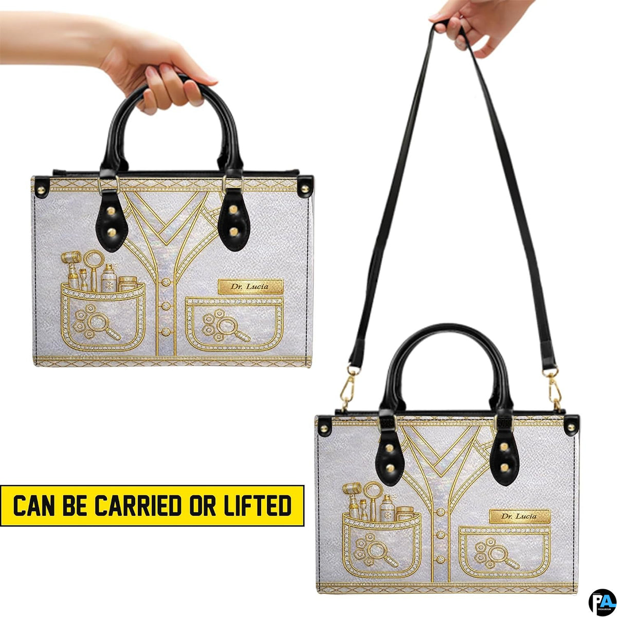 Rear perspective view showing structured exterior back panel of the handbag.