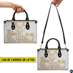 Rear perspective view showing structured exterior back panel of the handbag.