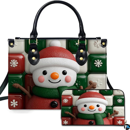 3D snowman and glossy red and green snowflake ceramic tile pattern on holiday handbag and matching wallet.