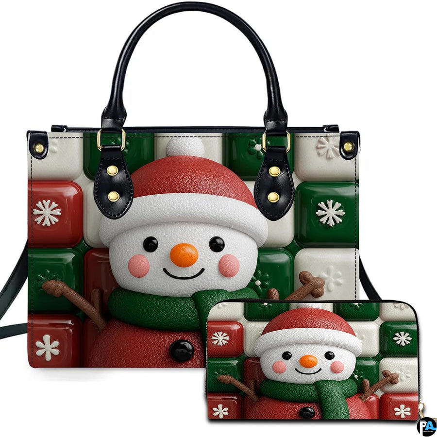 3D snowman and glossy red and green snowflake ceramic tile pattern on holiday handbag and matching wallet.