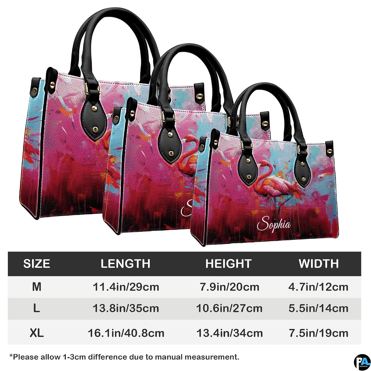 Angled display highlighting the vivid pink flamingo illustration and paint drip details.