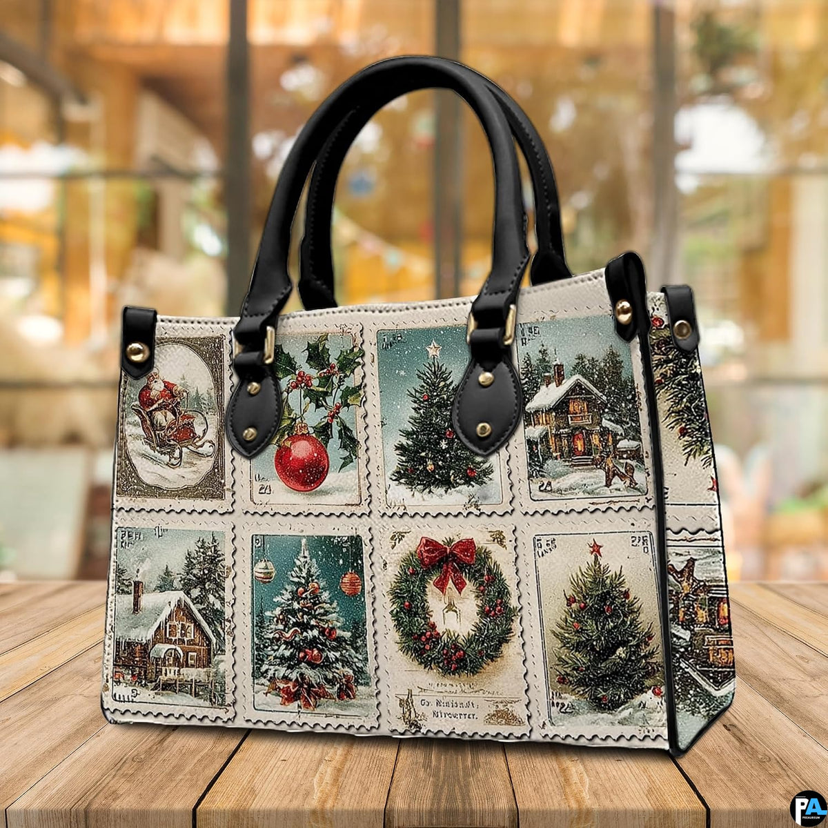 Street perspective of the holiday stamp collage shoulder bag.