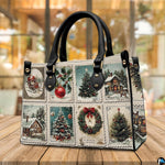 Street perspective of the holiday stamp collage shoulder bag.
