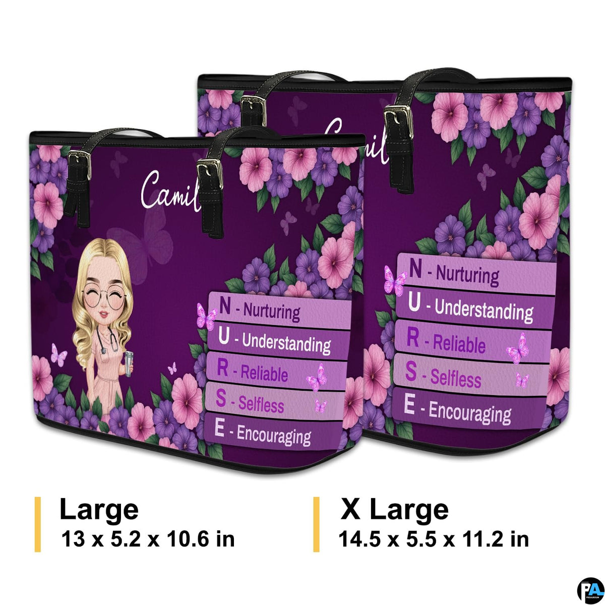 Size reference chart illustrating dimensions and proportions for the Purple Floral Clinician Handbag.