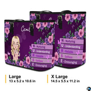 Size reference chart illustrating dimensions and proportions for the Purple Floral Clinician Handbag.