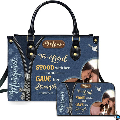 Blue family photo handbag with dove and cross art plus matching wallet