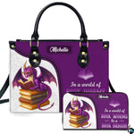 Front view of purple book dragon handbag and companion wallet featuring reading dragon artwork.