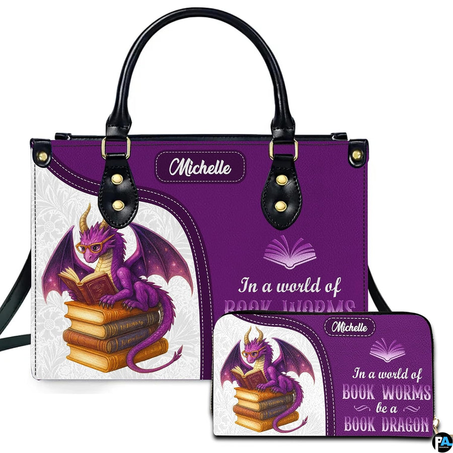 Front view of purple book dragon handbag and companion wallet featuring reading dragon artwork.