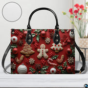 Model wearing Christmas gingerbread handbag over shoulder with attached strap.